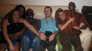 Group of Krip Friends: Robin, me, Keith, Ryan and Leroy in a loving pile on a couch