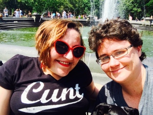 Image of Sara and I front of the Washington Square park foundation. I'm wearing my beautiful "Cunt" shirt. 